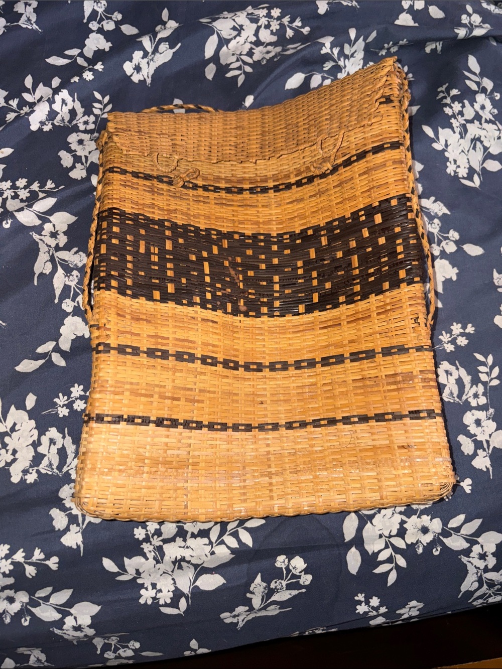 Handwoven Rattan Tote Bag in Natural Tan with Dark Brown Accent